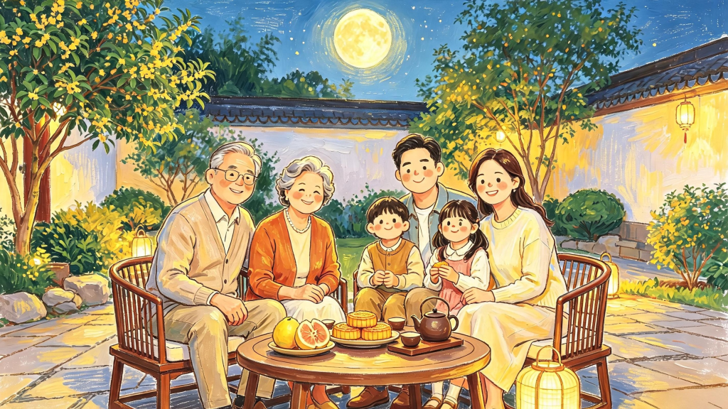 中秋家庭聚会儿童画人物插画