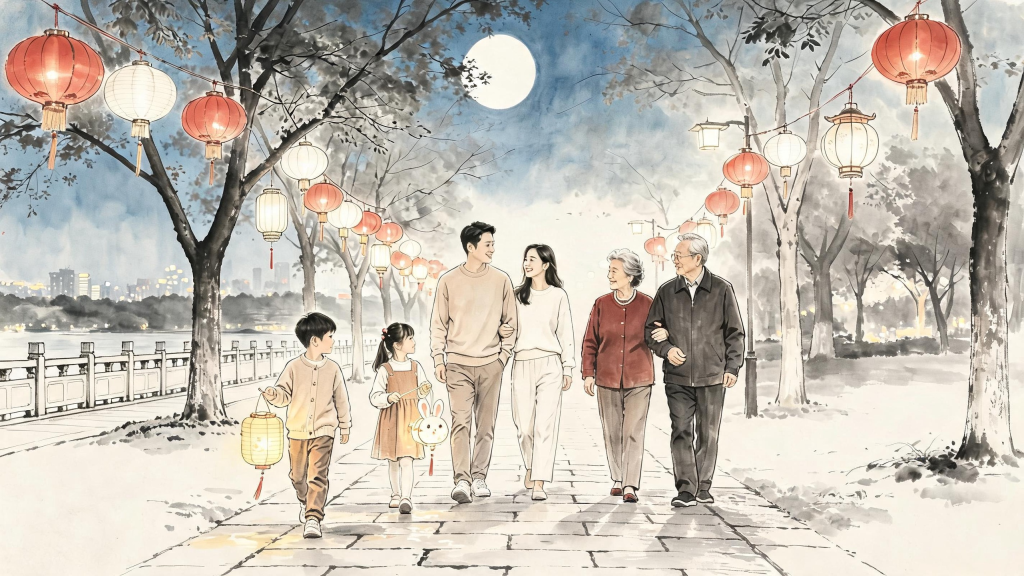 中秋团圆水墨风人物插画