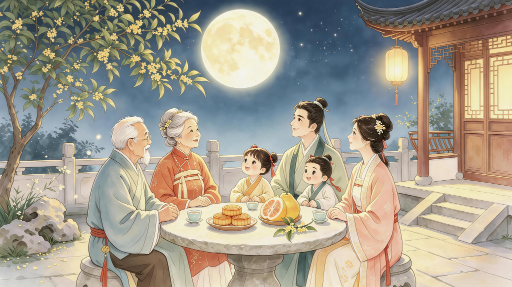 中秋团圆水墨风人物插画