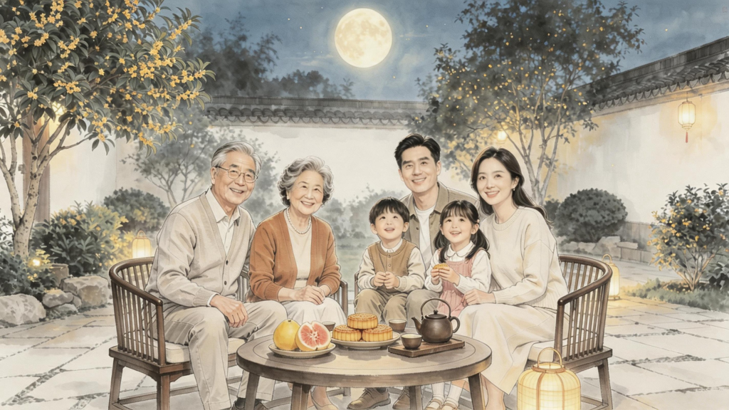 中秋团圆水墨风人物插画