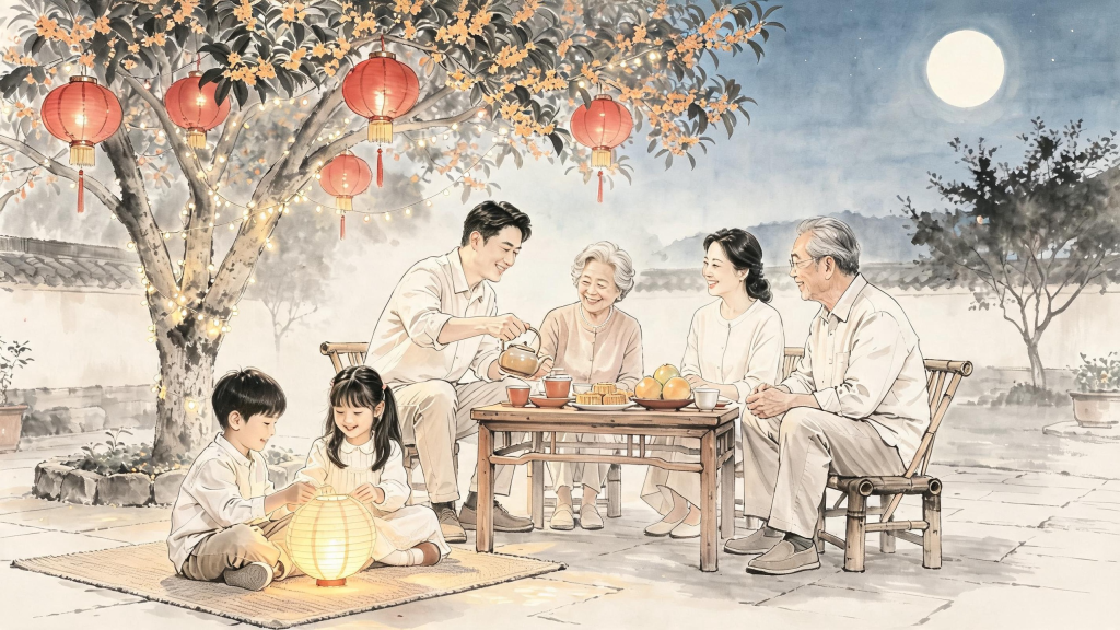 中秋团圆水墨风人物插画