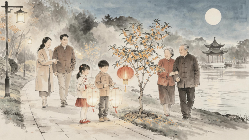 中秋团圆水墨风人物插画