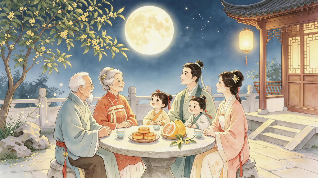 中秋团圆水墨风人物插画