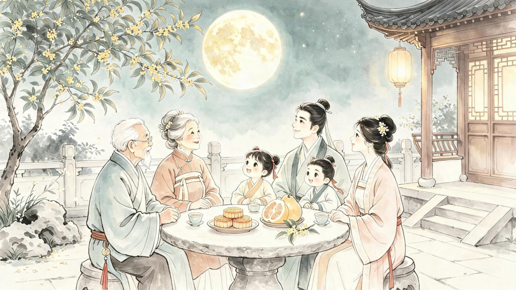 中秋团圆水墨风人物插画