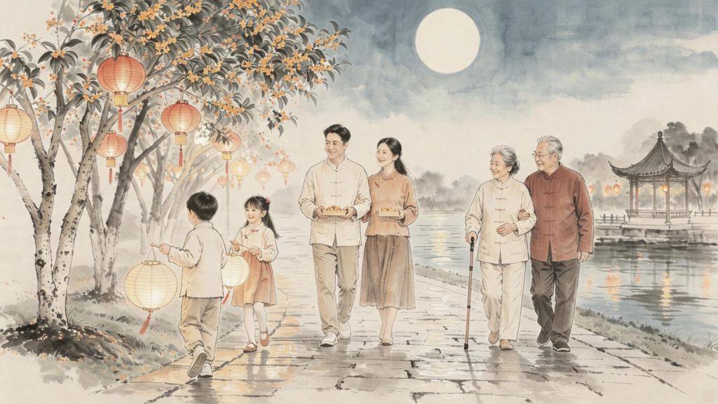 中秋团圆水墨风人物插画