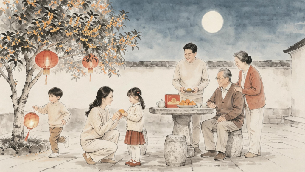 中秋团圆水墨风人物插画