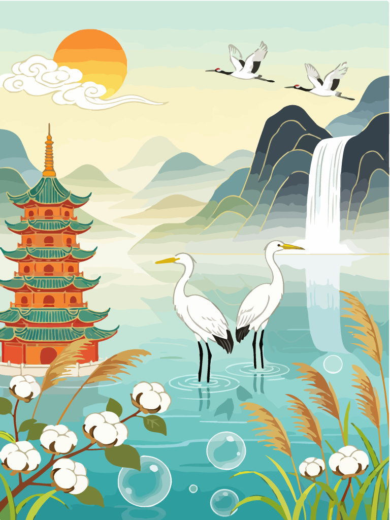 国潮湿地湖畔白鹭插画