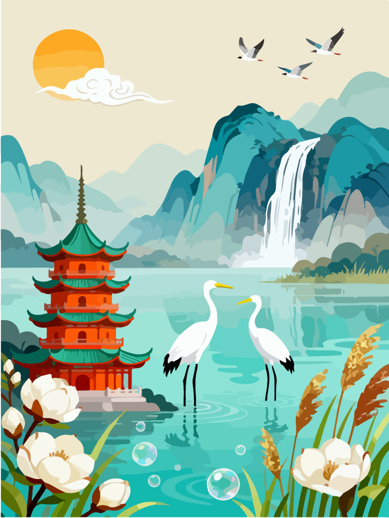 国潮湿地湖畔白鹭插画