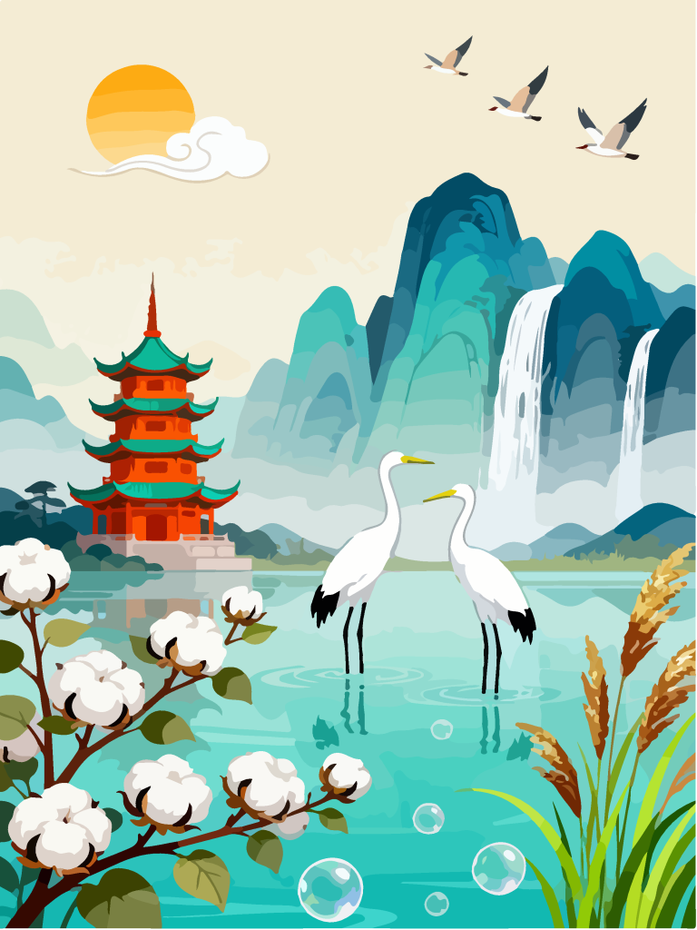 国潮湿地湖畔白鹭插画