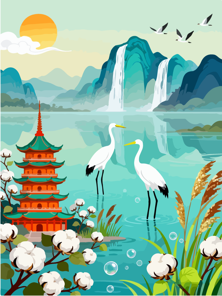 国潮湿地湖畔白鹭插画
