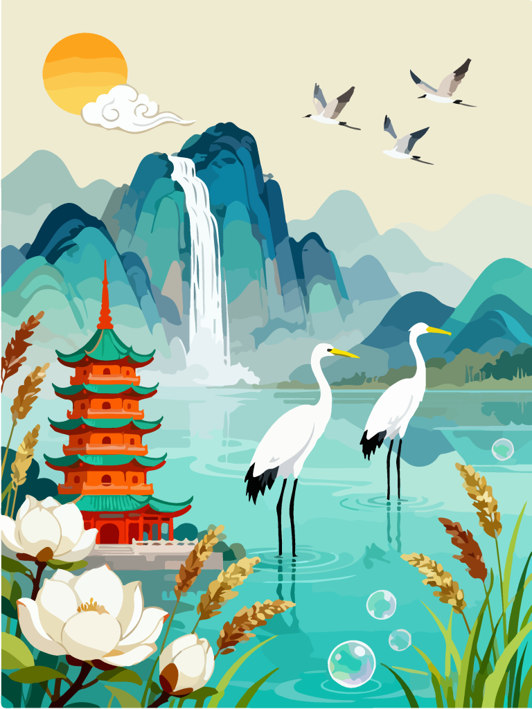 国潮湿地湖畔白鹭插画