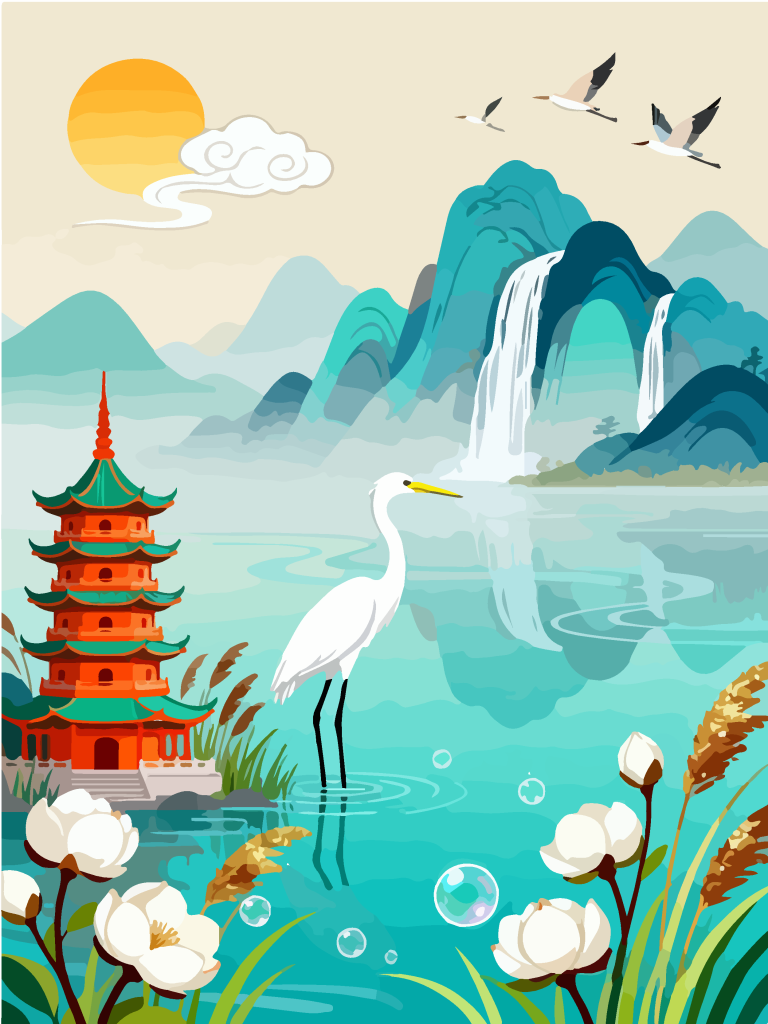 国潮湿地湖畔白鹭插画