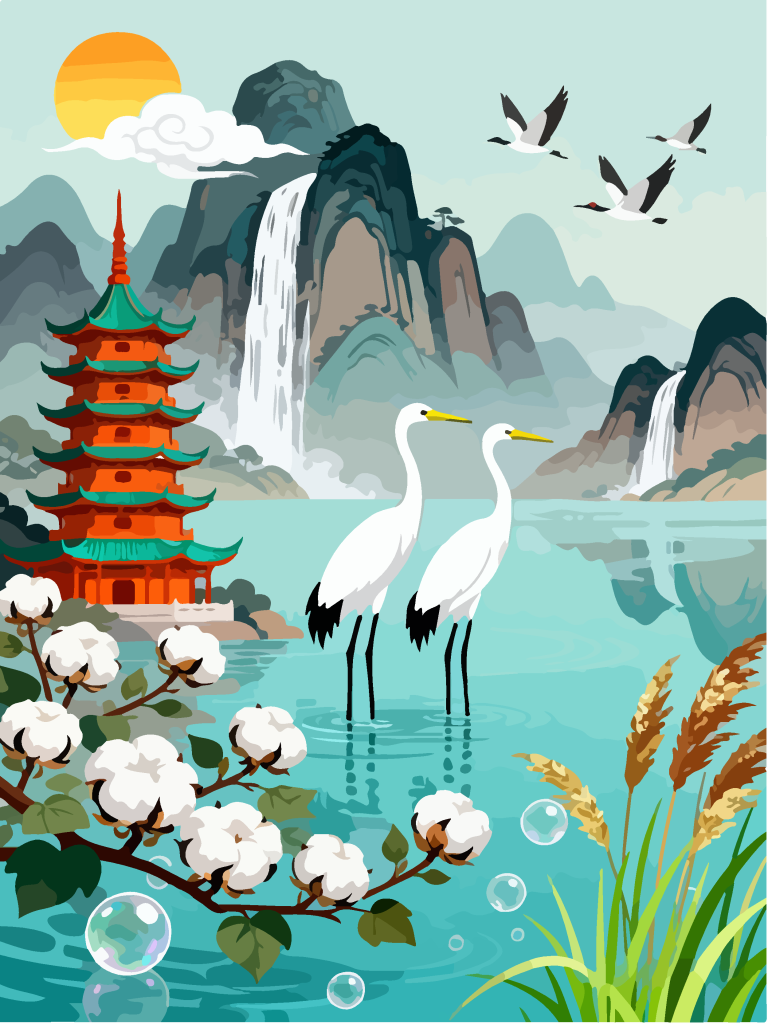 国潮湿地湖畔白鹭插画