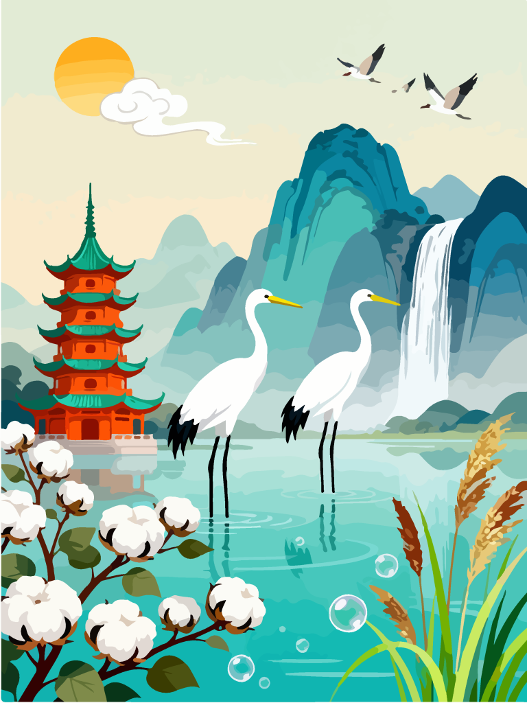 国潮湿地湖畔白鹭插画