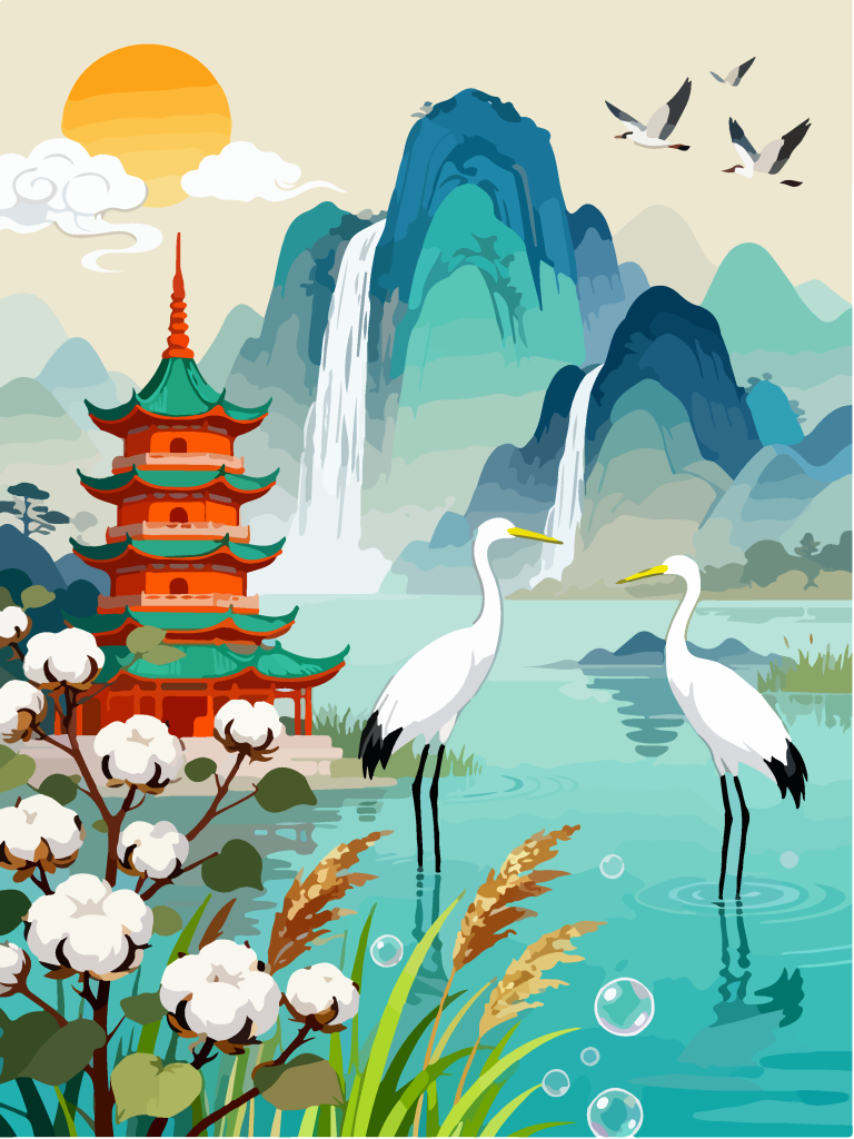 国潮湿地湖畔白鹭插画