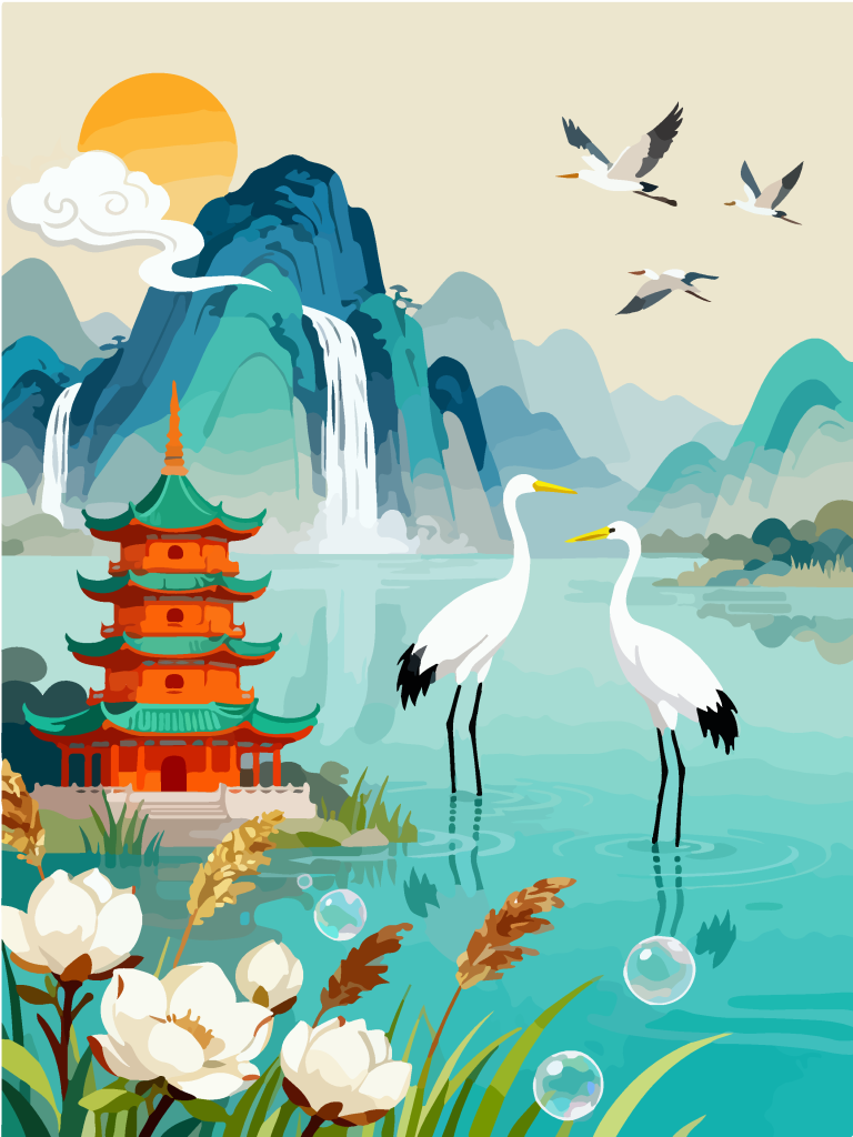 国潮湿地湖畔白鹭插画
