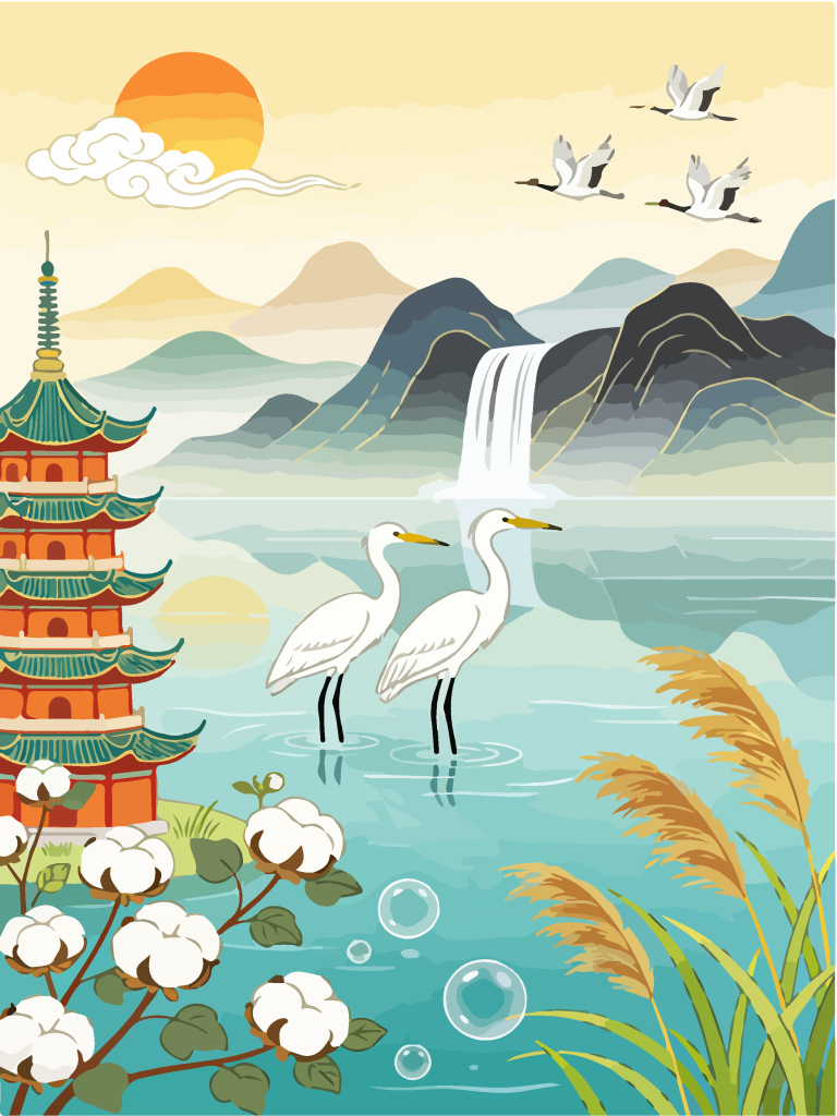 国潮湿地湖畔白鹭插画