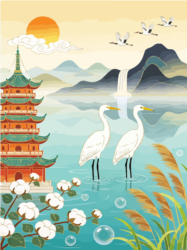 国潮湿地湖畔白鹭插画