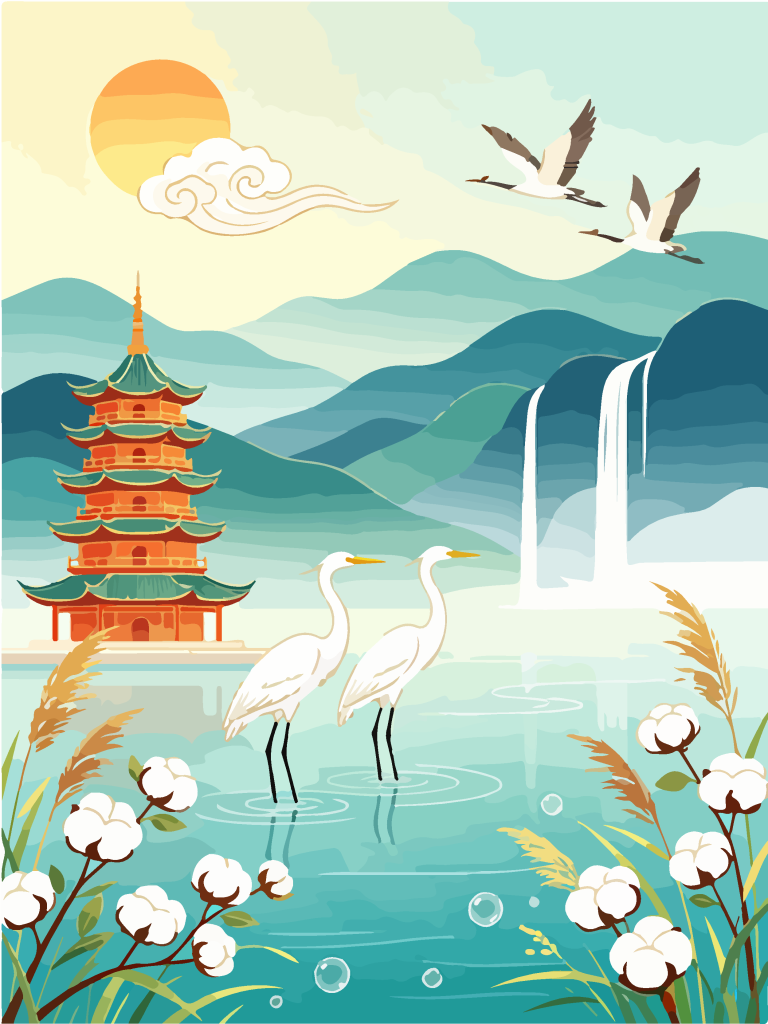 国潮湿地湖畔白鹭插画