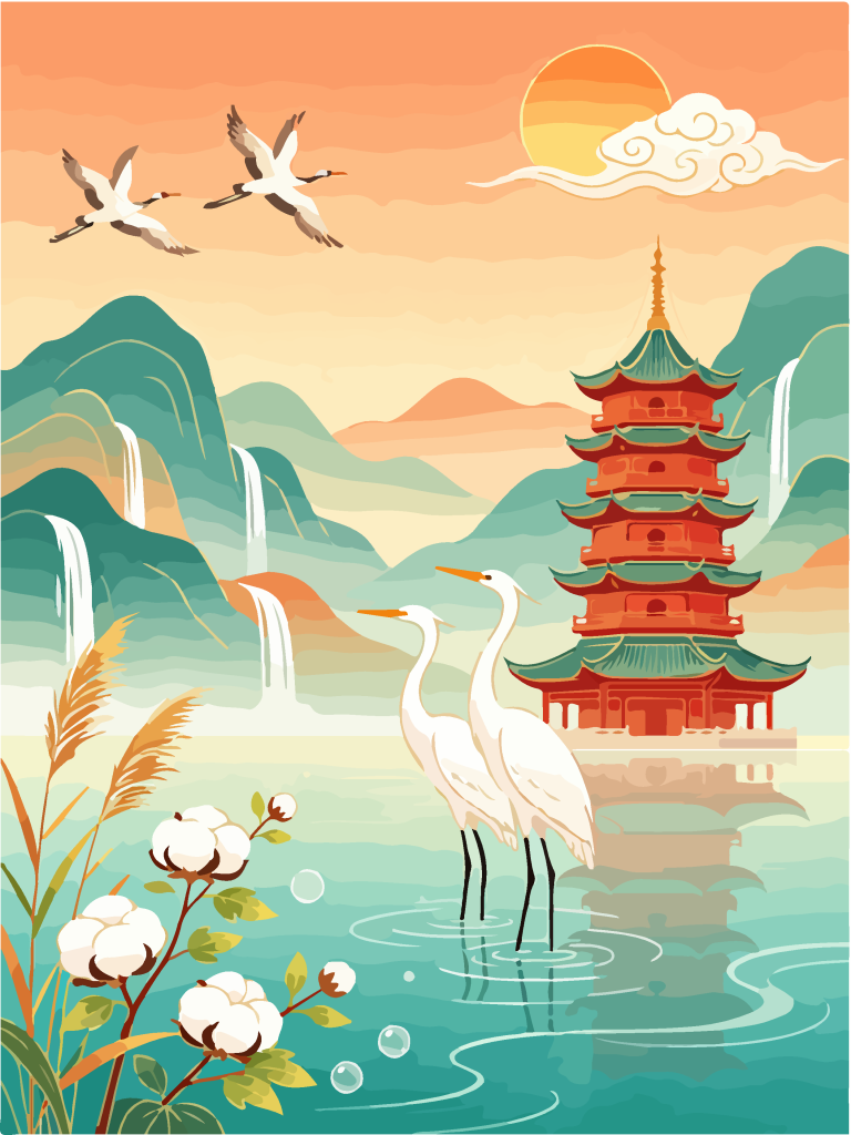 国潮湿地湖畔白鹭插画