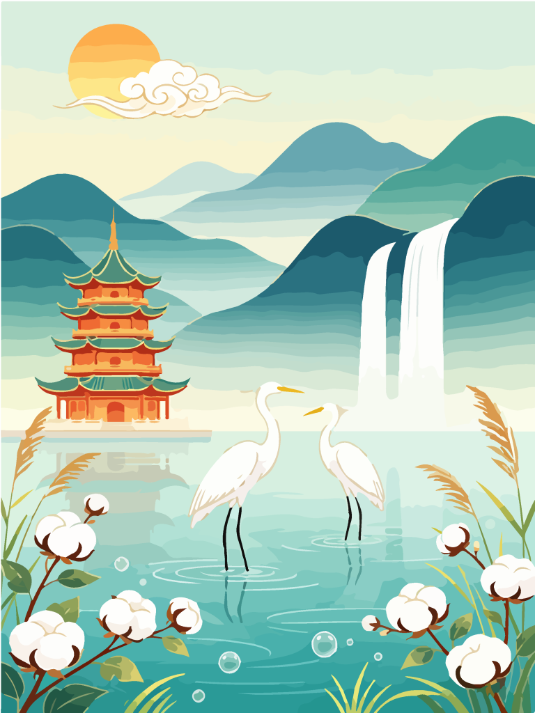 国潮湿地湖畔白鹭插画