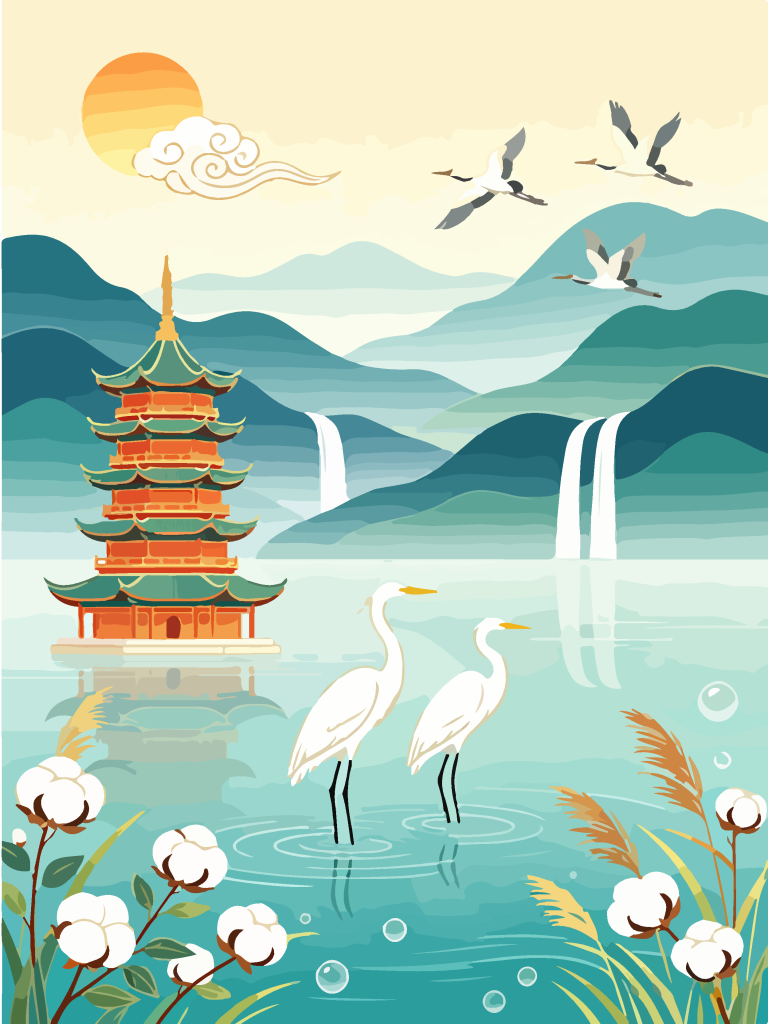 国潮湿地湖畔白鹭插画