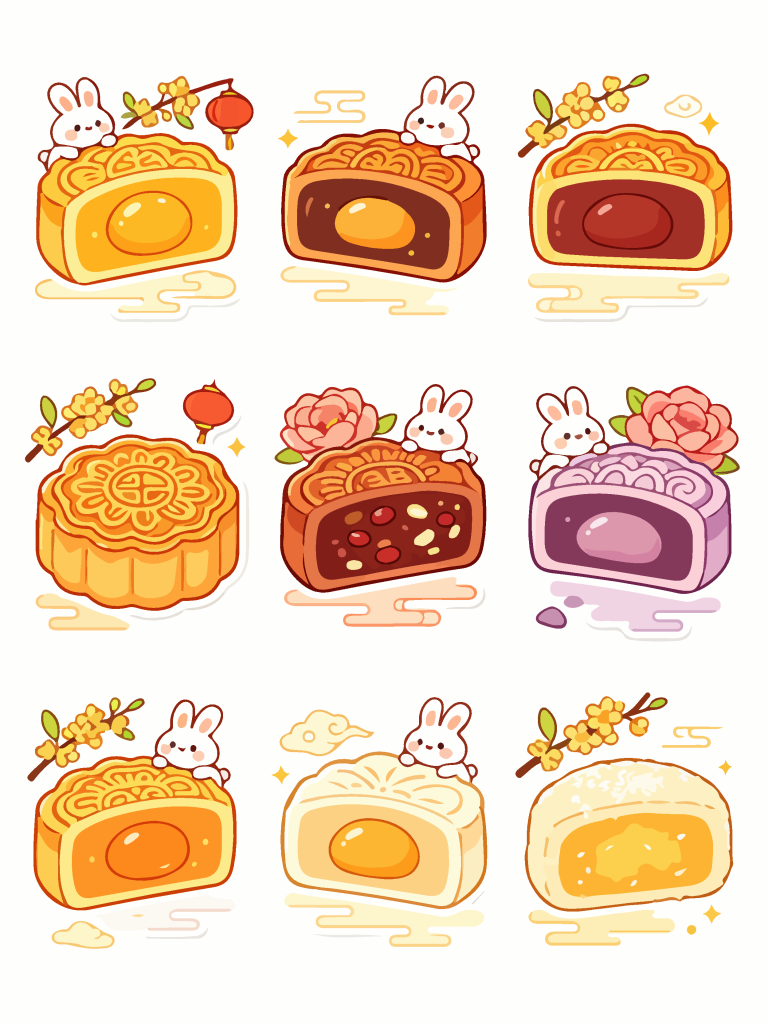 卡通手绘中秋各种月饼插画