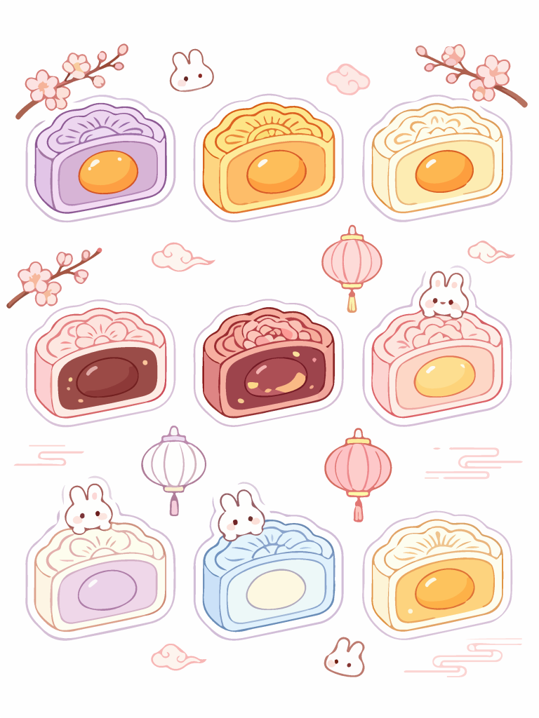 卡通手绘中秋各种月饼插画