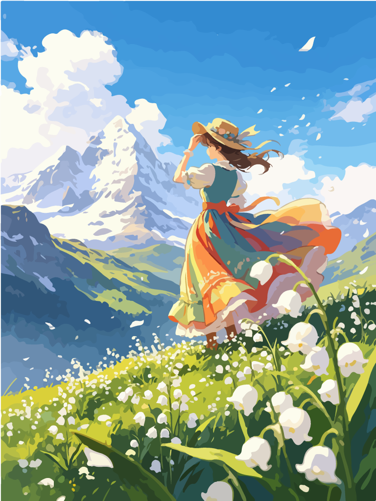 雪山草甸少女唯美插画
