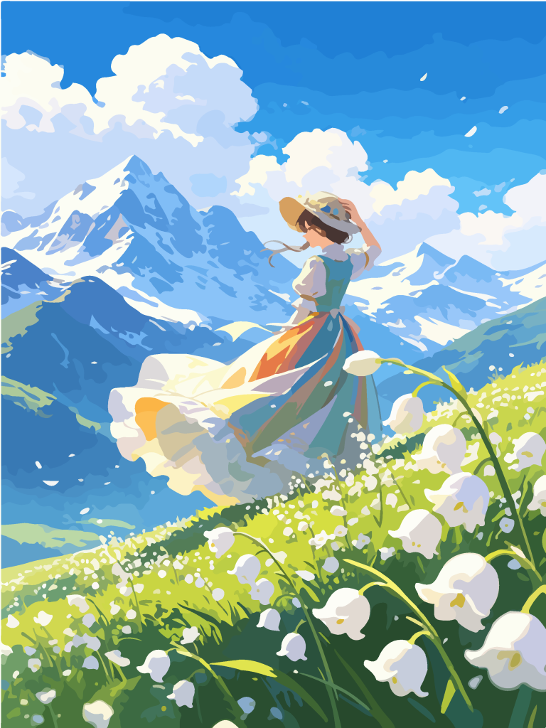 雪山草甸少女唯美插画