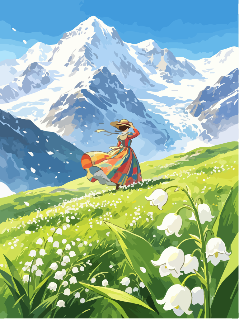雪山草甸少女唯美插画