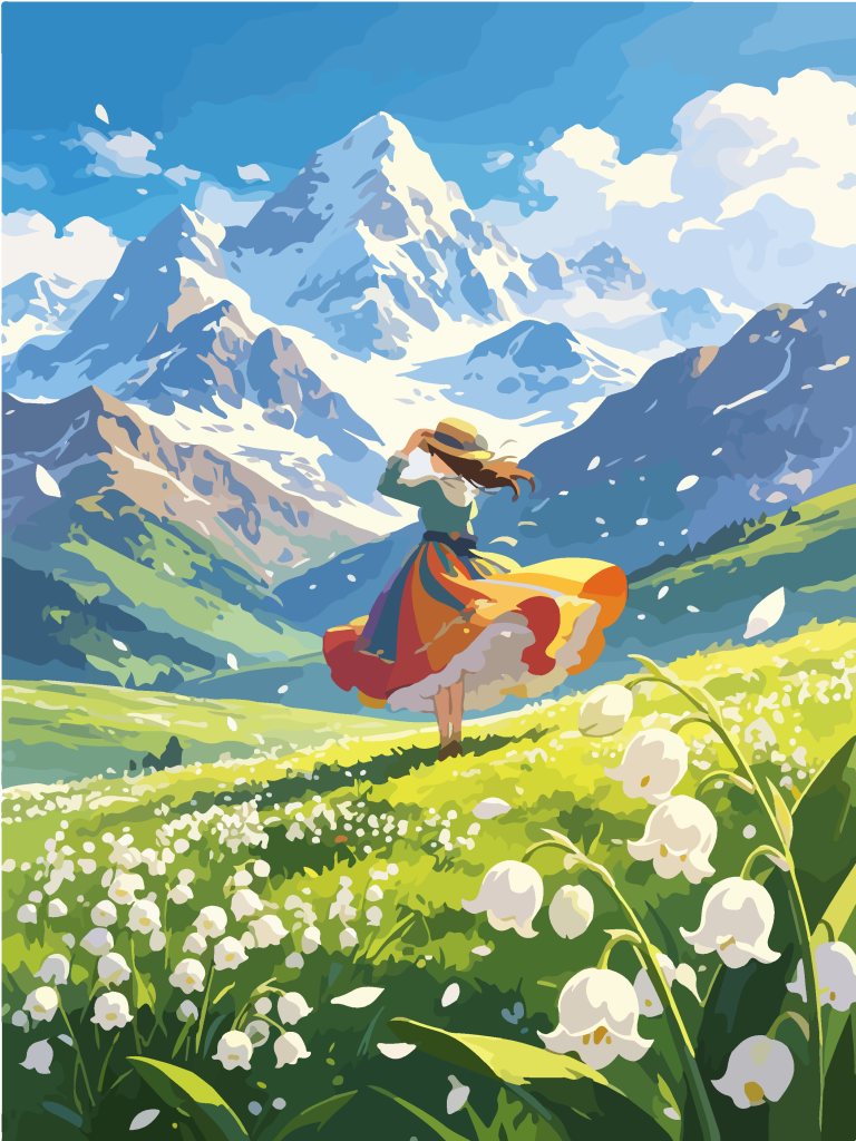 雪山草甸少女唯美插画