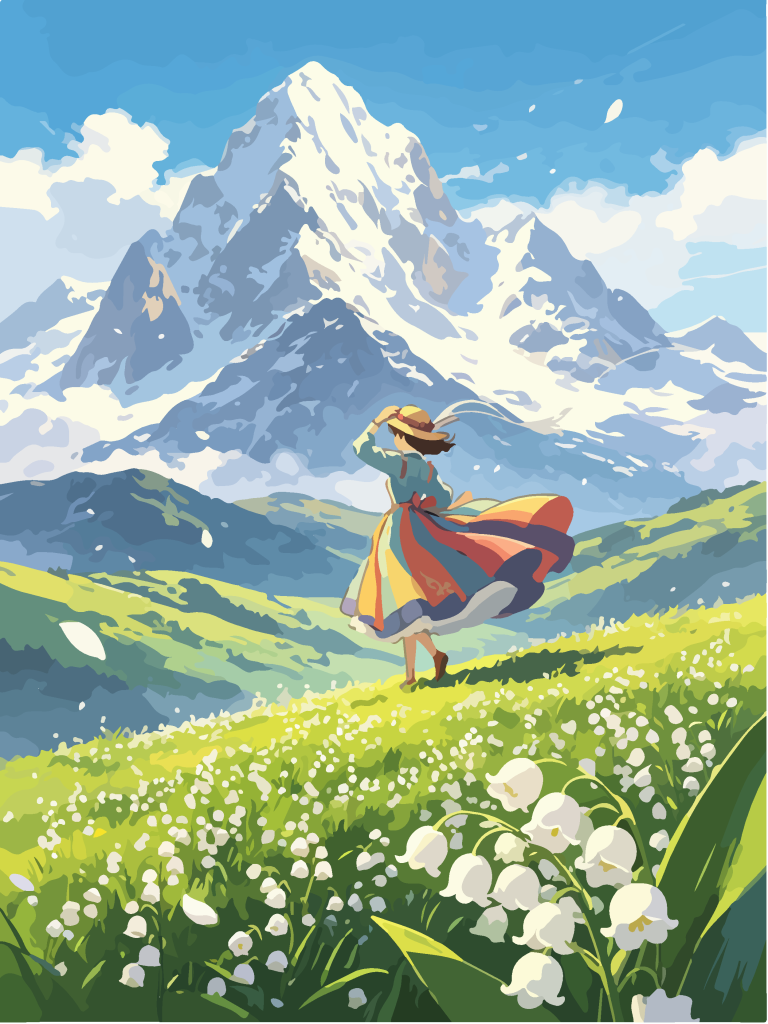 雪山草甸少女唯美插画