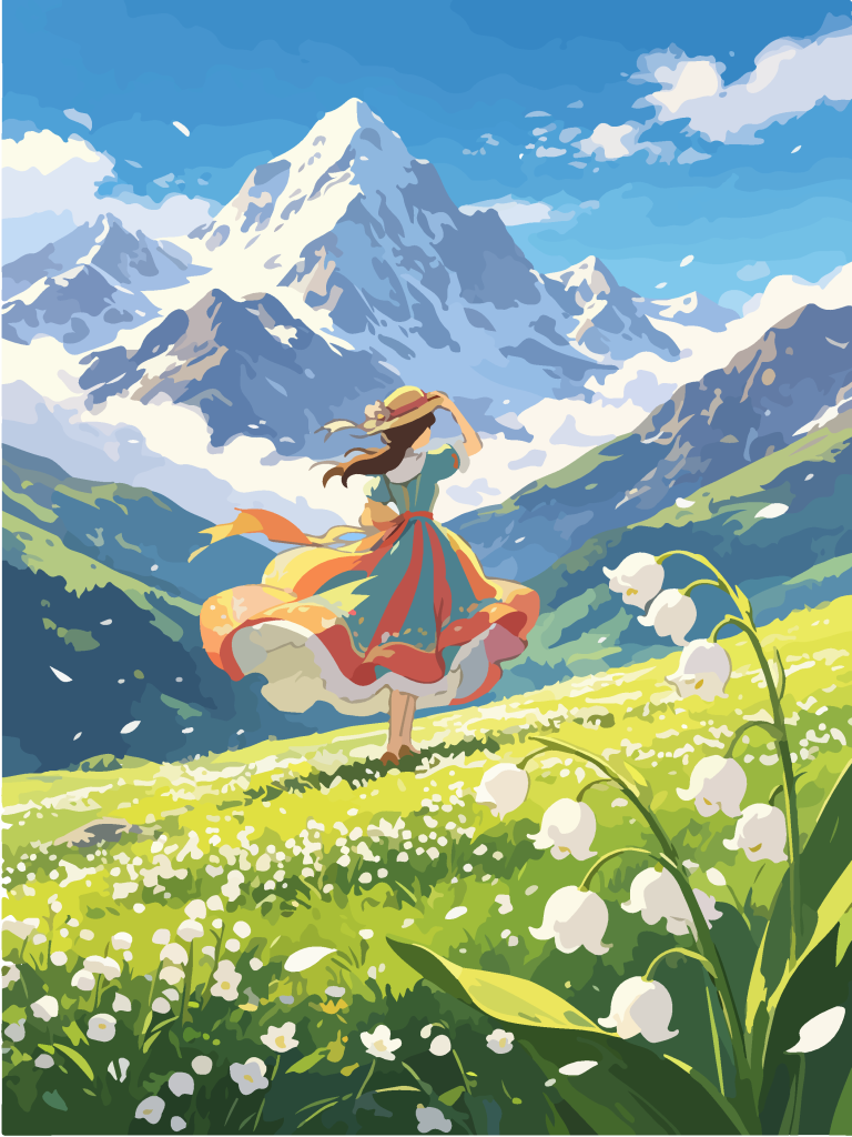 雪山草甸少女唯美插画