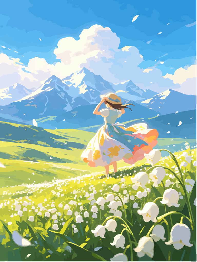 雪山草甸少女唯美插画