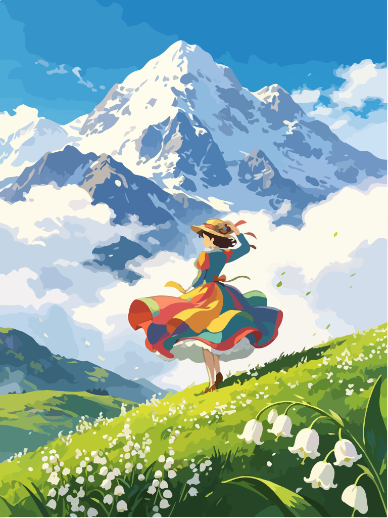 雪山草甸少女唯美插画