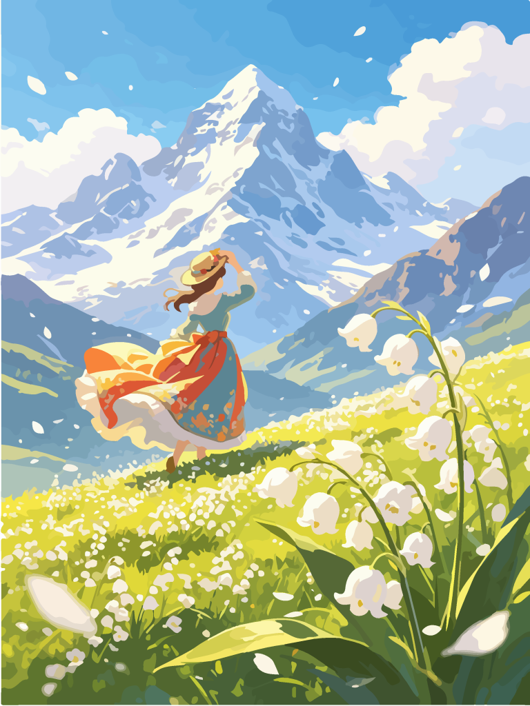 雪山草甸少女唯美插画