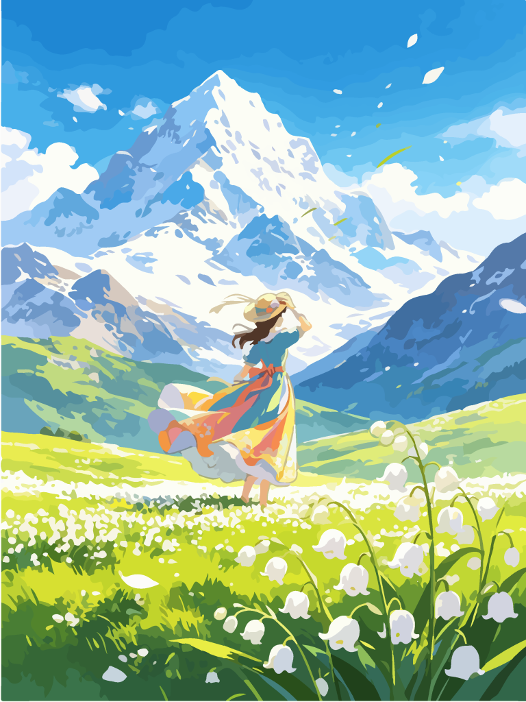 雪山草甸少女唯美插画