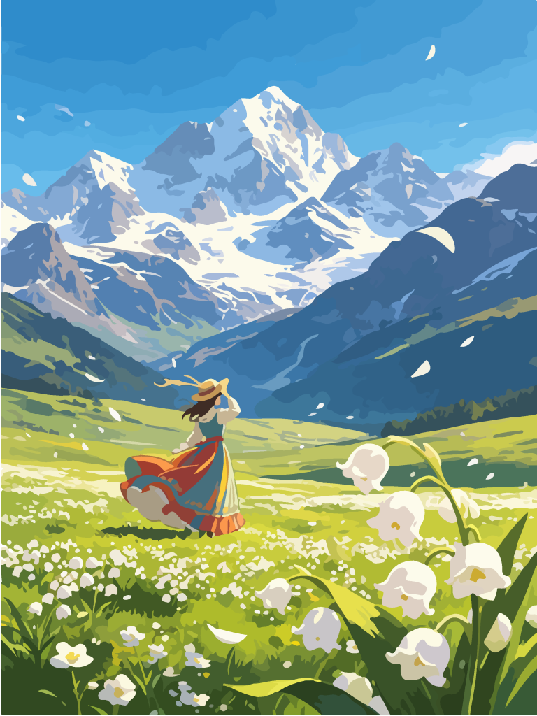 雪山草甸少女唯美插画