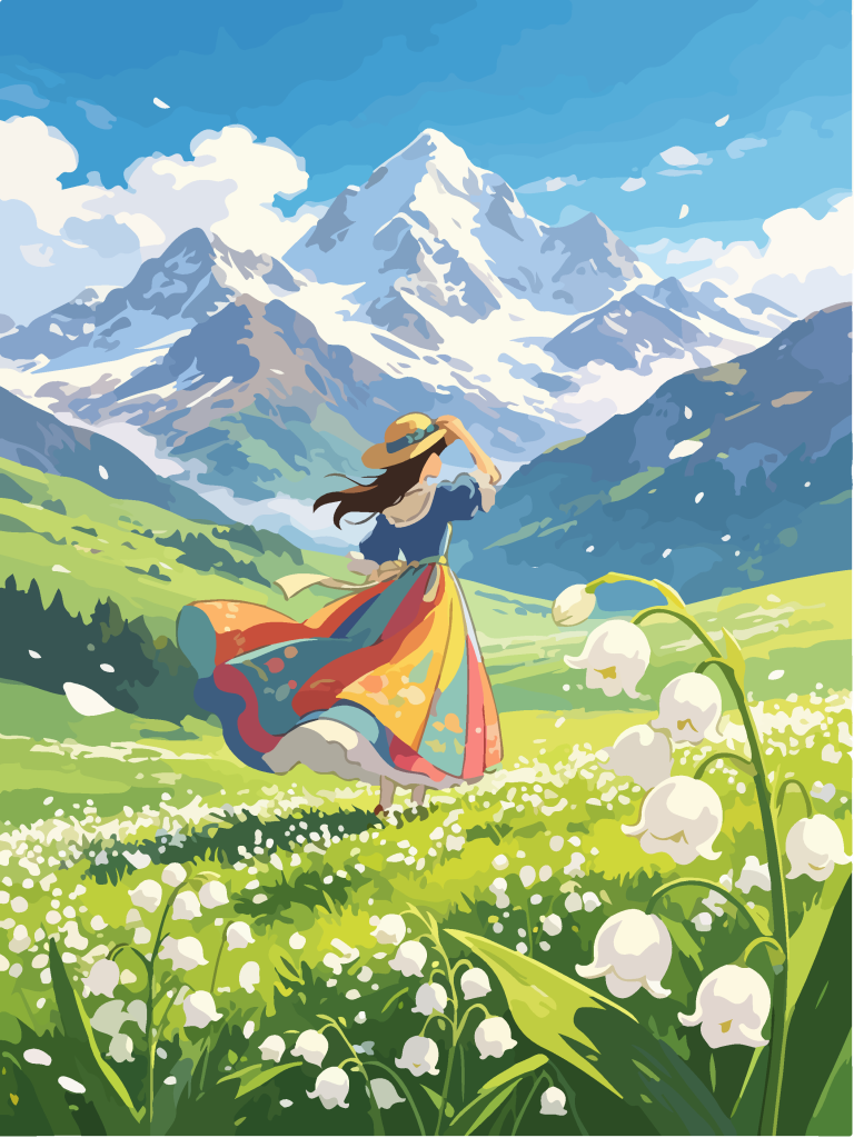 雪山草甸少女唯美插画
