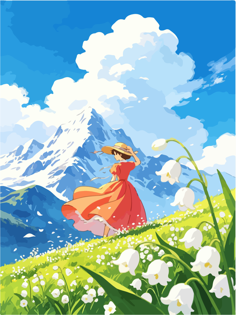 雪山草甸少女唯美插画