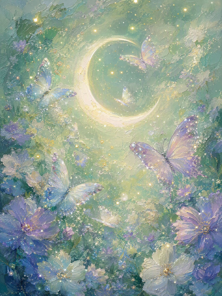 蝴蝶花朵月牙梦幻背景素材