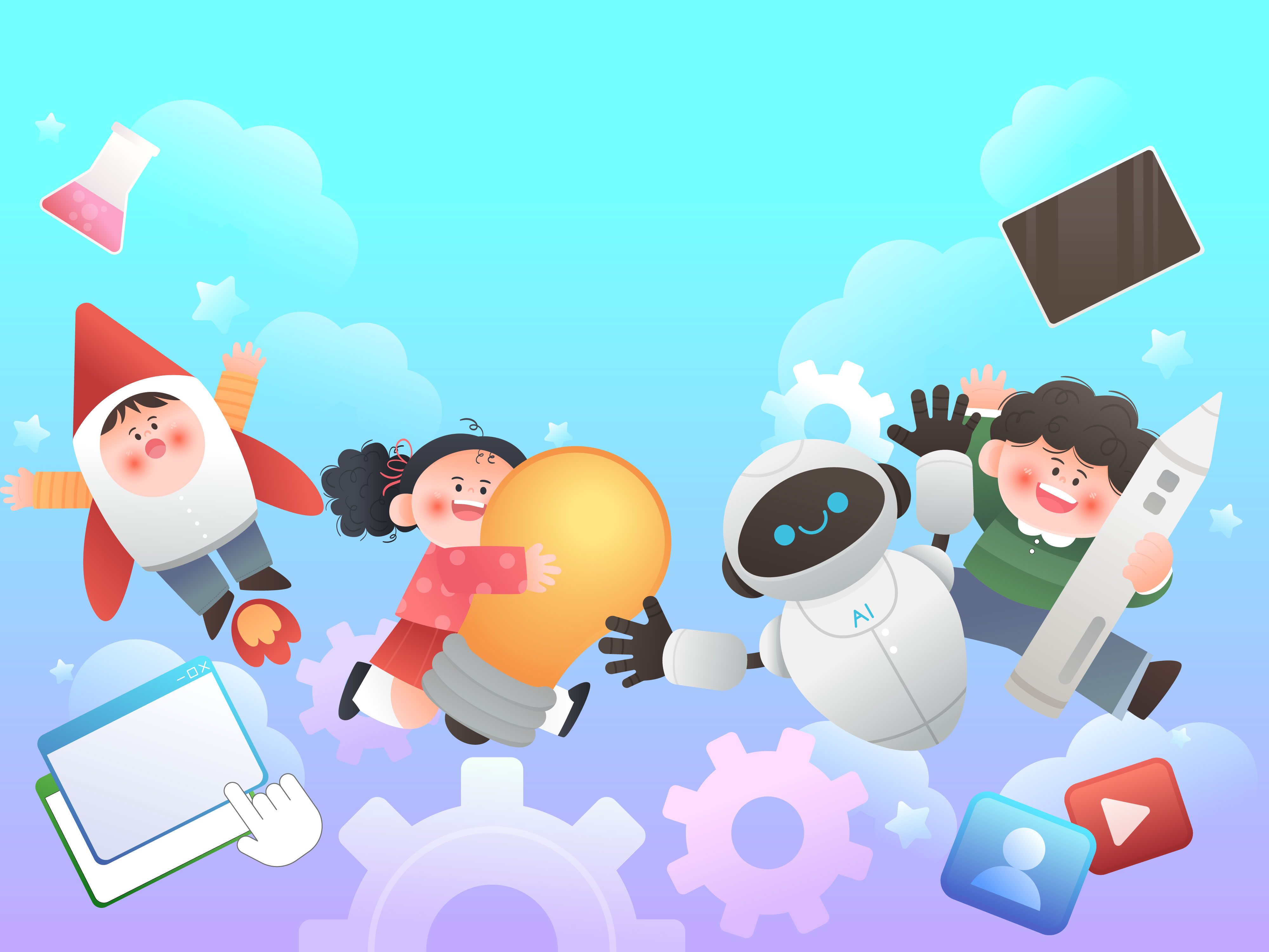 未来教育智能工作机器人科技创意儿童插画