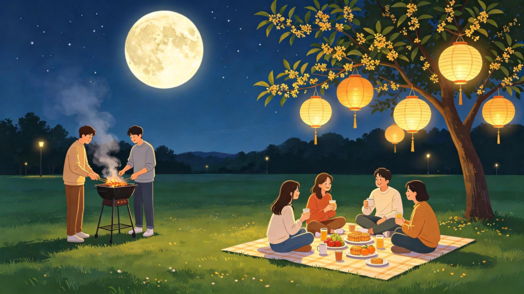 中秋朋友公园赏月人物扁平风插画
