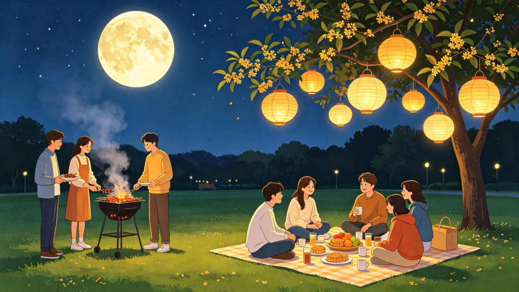 中秋朋友公园赏月人物扁平风插画
