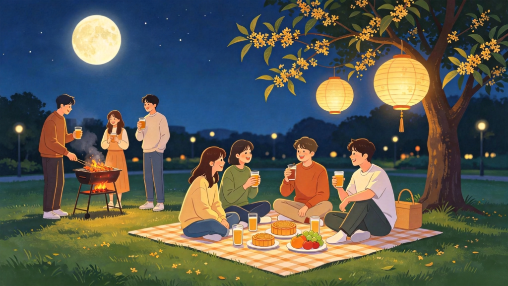 中秋朋友公园赏月人物扁平风插画