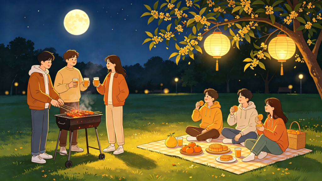 中秋朋友公园赏月人物扁平风插画