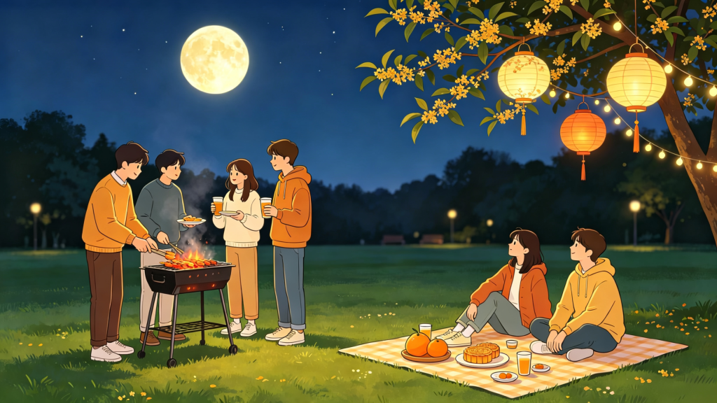 中秋朋友公园赏月人物扁平风插画