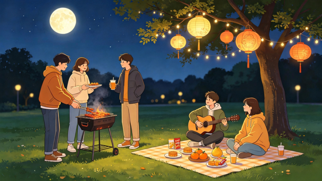 中秋朋友公园聚会人物扁平风插画