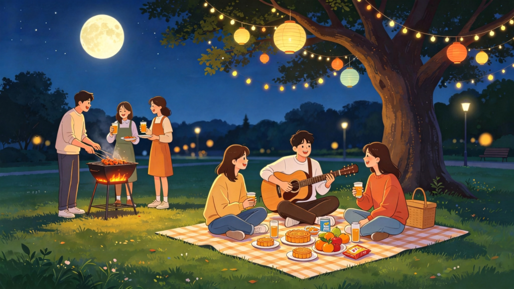 中秋朋友公园聚会人物扁平风插画